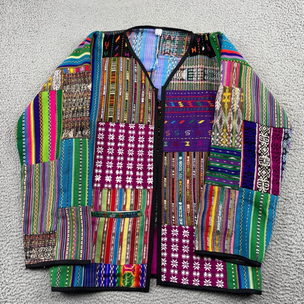 Handmade Jacket Unisex XL Multicolor Patchwork Guatemala Cotton Woven Boho Coat